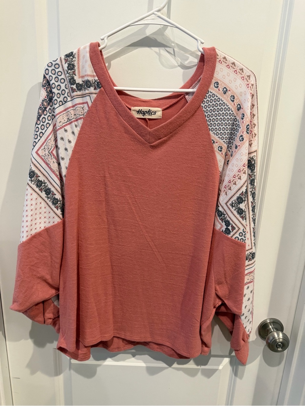 Haptics Boho Patchwork Sleeve V Neck Hacci Top Size Small Oversized